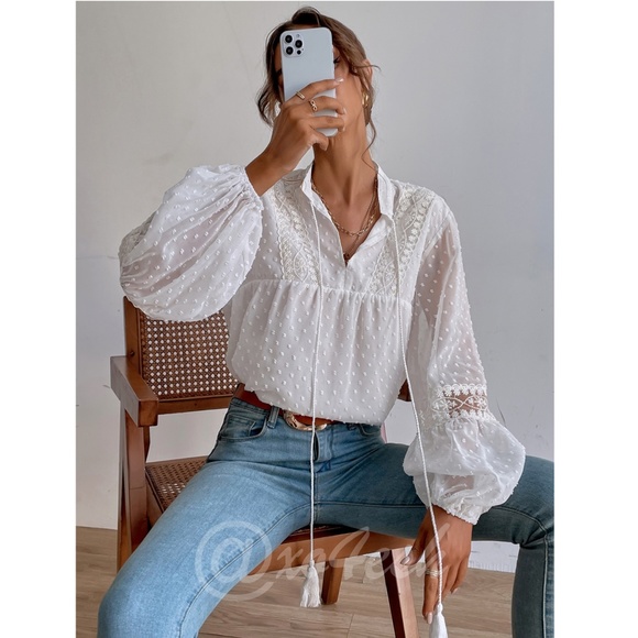White Blouse Shirt Lantern Sleeves Tassel Ties French Style V-Neck Lace Detail - Picture 3 of 9